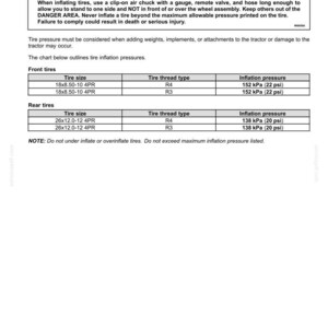 May include: A technical document page titled 8-SPECIFICATIONS featuring a warning about tire inflation pressures. It includes a table listing front and rear tire sizes, thread types, and inflation pressures in kPa and psi for tractor maintenance.