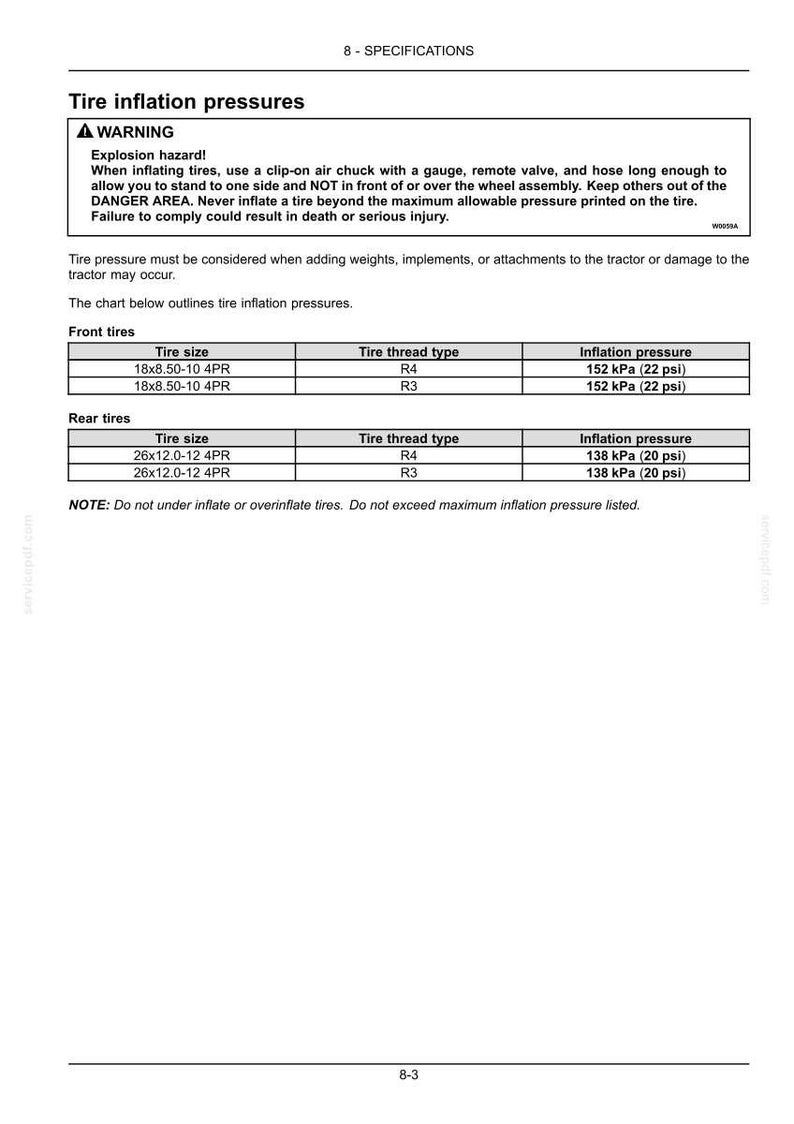 May include: A technical document page titled 8-SPECIFICATIONS featuring a warning about tire inflation pressures. It includes a table listing front and rear tire sizes, thread types, and inflation pressures in kPa and psi for tractor maintenance.
