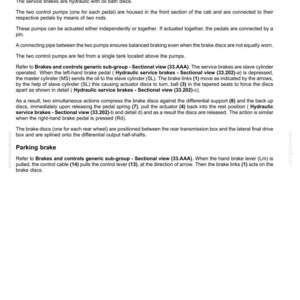 May include: A detailed technical document about hydraulic service brakes, including static descriptions and operational details. The text explains the function of service brakes, control pumps, and the parking brake system. The document includes diagrams and technical specifications.