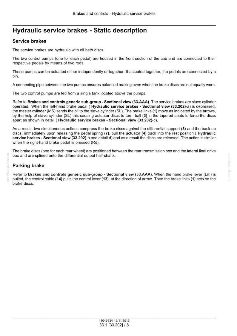May include: A detailed technical document about hydraulic service brakes, including static descriptions and operational details. The text explains the function of service brakes, control pumps, and the parking brake system. The document includes diagrams and technical specifications.