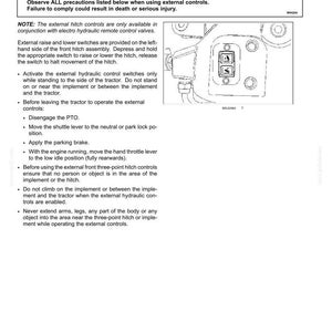 May include: A technical manual page titled 6-WORKING OPERATIONS featuring a warning about external hitch controls. It includes a black and white line drawing of a control panel with two square buttons and text instructions for tractor operation.