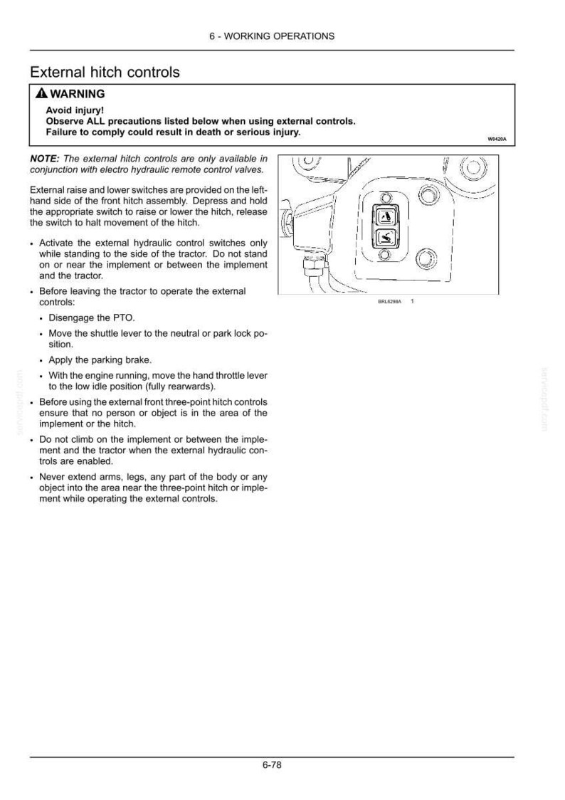 May include: A technical manual page titled 6-WORKING OPERATIONS featuring a warning about external hitch controls. It includes a black and white line drawing of a control panel with two square buttons and text instructions for tractor operation.