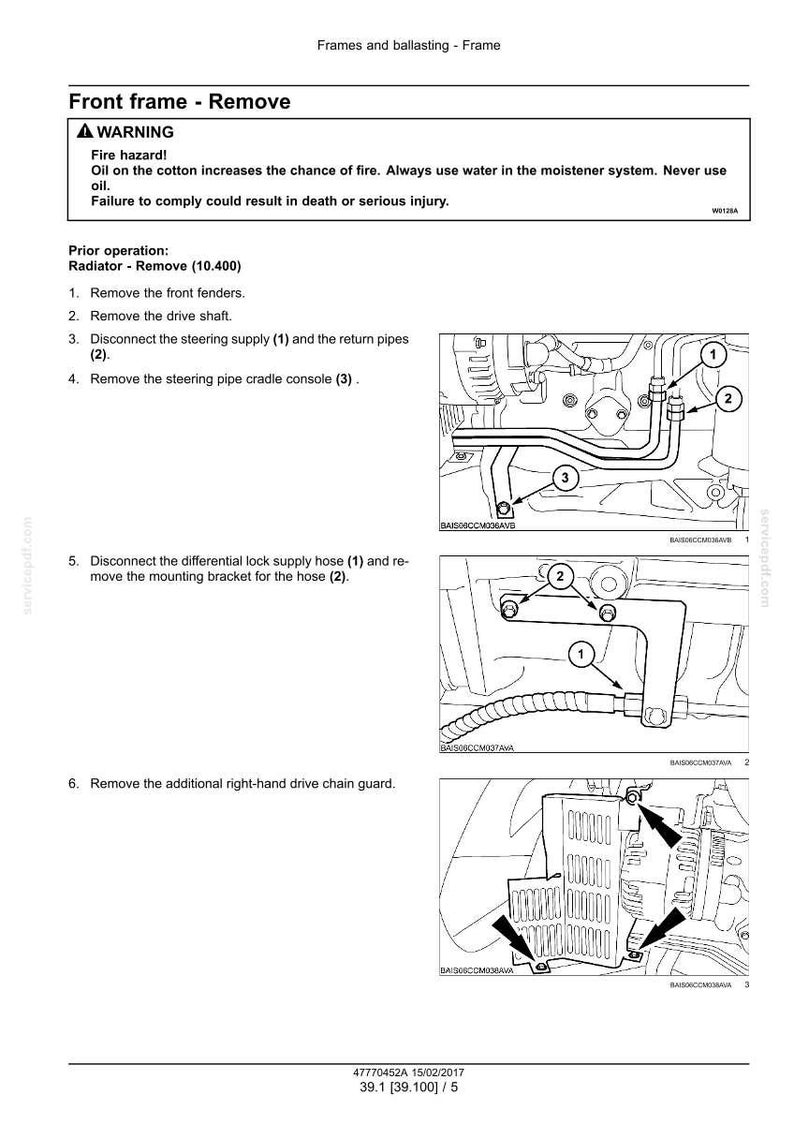 May include: Diagram of automotive components with labels and instructions for removal. Text includes warnings about fire hazards and instructions for removing parts such as front fenders, drive shaft, and hoses. The image is a technical illustration.
