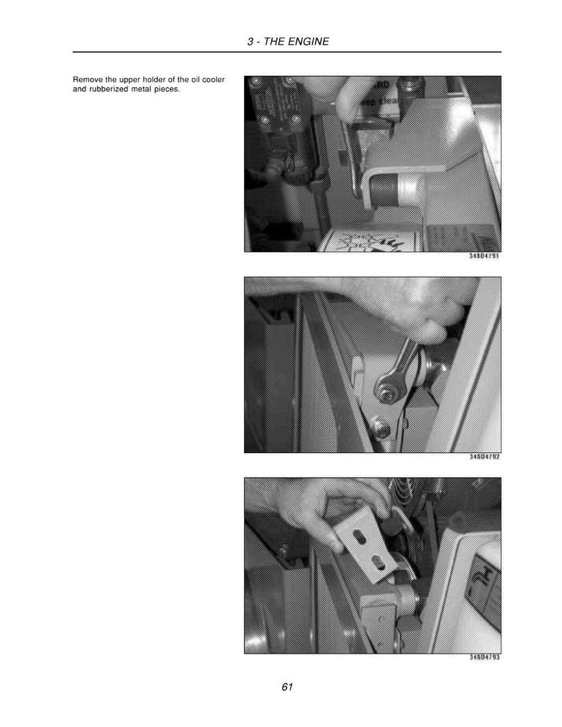 Puede incluir: Imagen en escala de grises de un manual, que muestra tres pasos para el mantenimiento del motor. El texto dice "3 - EL MOTOR" y "Retire el soporte superior del enfriador de aceite y las piezas met&aacute;licas recubiertas de goma". Las im&aacute;genes muestran manos trabajando en componentes del motor.