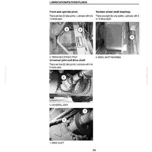 May include: A page from a manual detailing lubrication points for a vehicle. The text includes instructions for the front axle spindle pivot, universal joint, drive shaft, and tandem wheel shaft bearings. Diagrams show the locations of the lubrication points.