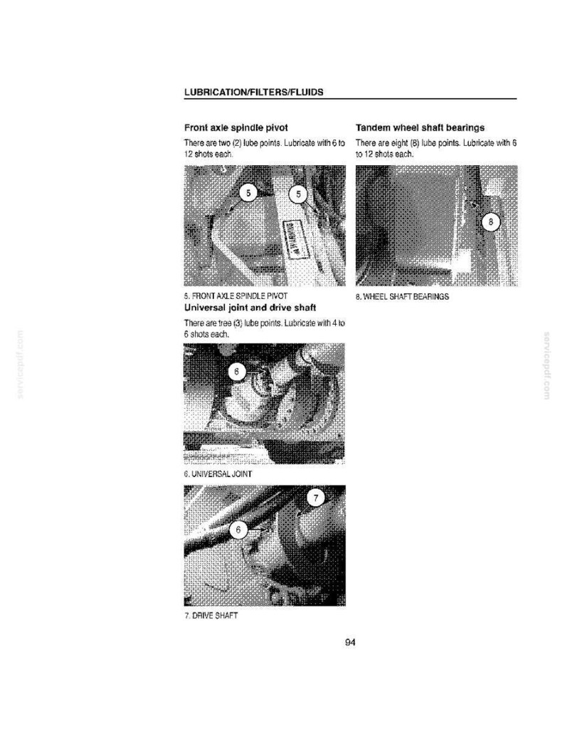May include: A page from a manual detailing lubrication points for a vehicle. The text includes instructions for the front axle spindle pivot, universal joint, drive shaft, and tandem wheel shaft bearings. Diagrams show the locations of the lubrication points.