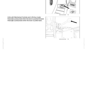 Puede incluir: Diagrama de un manual que muestra las operaciones de trabajo. La imagen superior muestra un pedal con una flecha. La imagen inferior muestra una palanca con una flecha. El texto describe la funci&oacute;n del pedal y la palanca.