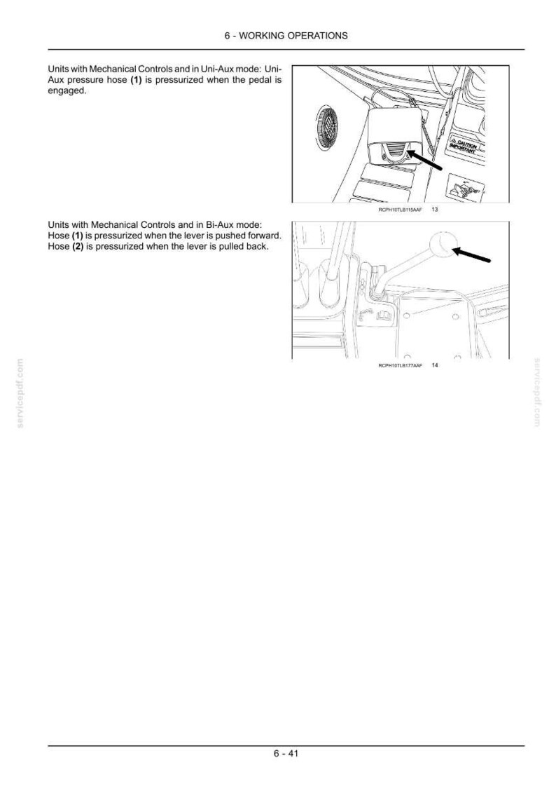 Puede incluir: Diagrama de un manual que muestra las operaciones de trabajo. La imagen superior muestra un pedal con una flecha. La imagen inferior muestra una palanca con una flecha. El texto describe la funci&oacute;n del pedal y la palanca.