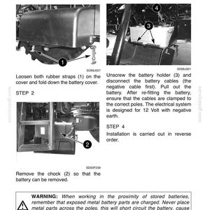 Op de afbeelding: Een pagina uit een technisch handboek getiteld Electrical System: Fitting and removing the battery. Het bevat drie zwart-wit diagrammen voor Step 1, Step 2 en Step 3, met afbeeldingen van accubandjes, een blok en accukabels.
