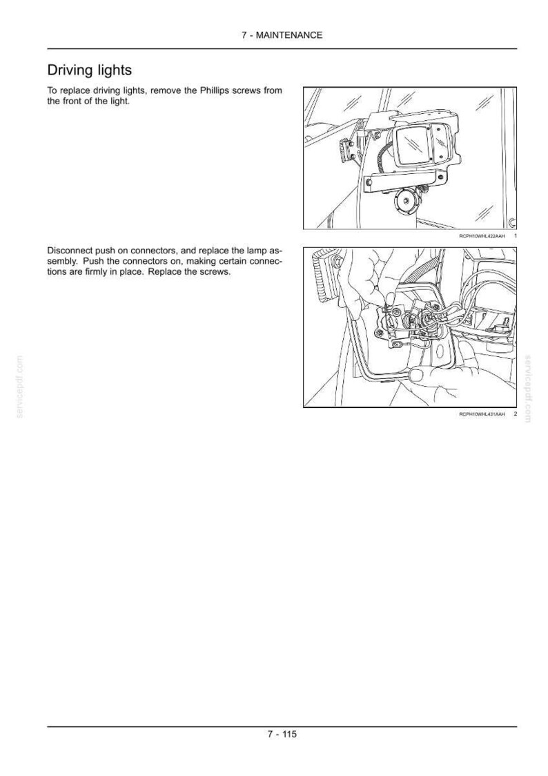 May include: Diagram illustrating the process of replacing driving lights. The image shows detailed steps, including removing screws and disconnecting connectors. Text provides instructions for the replacement procedure. The page number is 7-115.