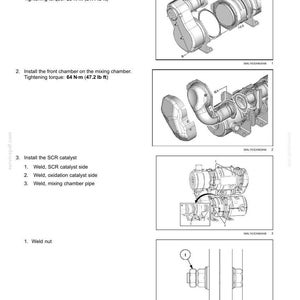 May include: Diagram of Selective Catalytic Reduction (SCR) muffler and catalyst assembly. Includes instructions for installing the mixing chamber, front chamber, and SCR catalyst. Tightening torque measurements are provided in lb ft.