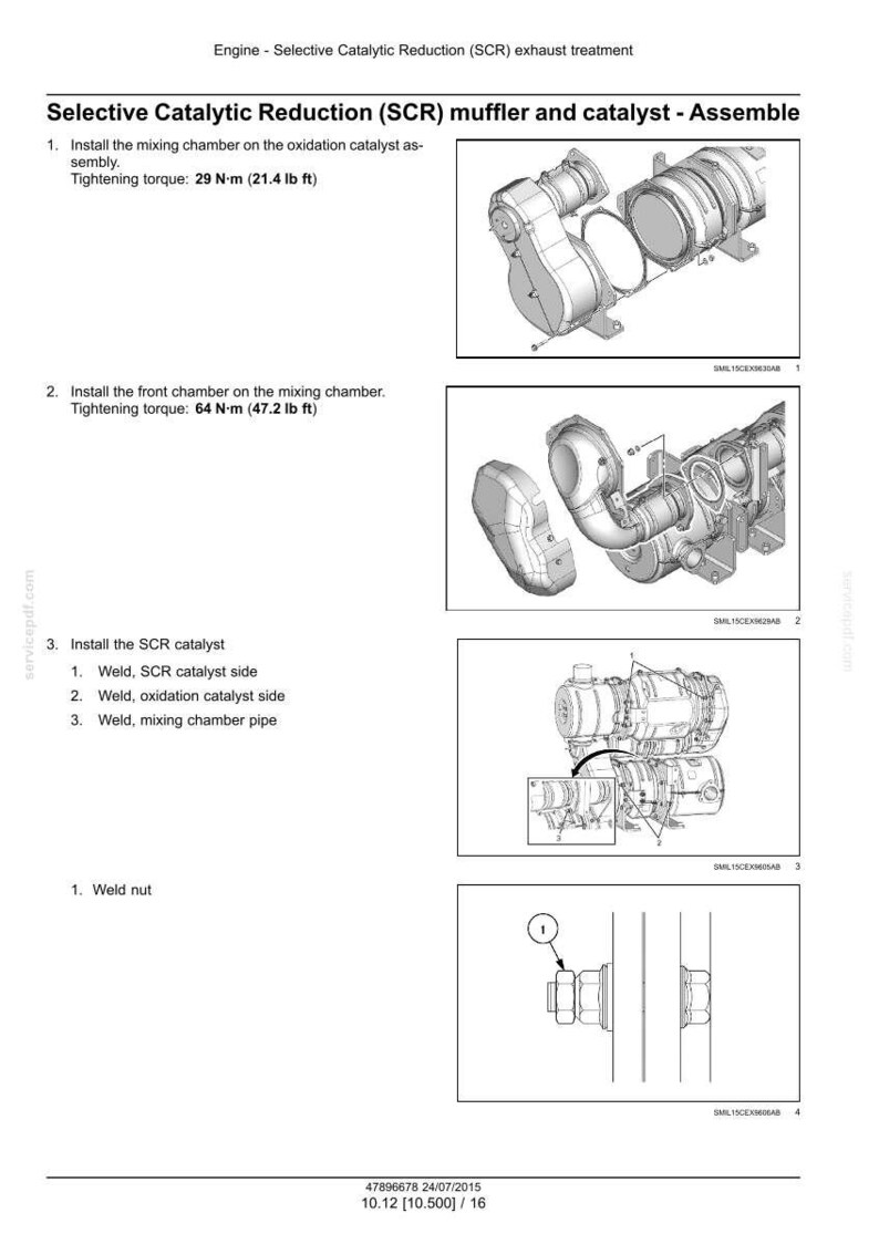May include: Diagram of Selective Catalytic Reduction (SCR) muffler and catalyst assembly. Includes instructions for installing the mixing chamber, front chamber, and SCR catalyst. Tightening torque measurements are provided in lb ft.