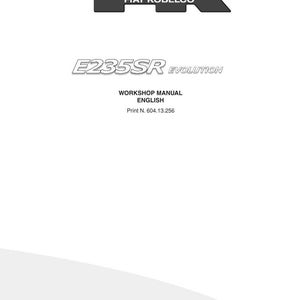 May include: A white workshop manual cover for the Fiat Kobelco E235SR Evolution excavator. The text reads Fiat Kobelco, E235SR Evolution, Workshop Manual, English, Print N. 604.13.256, Edition: 04/2003, English - Printed in Italy, and Evolving Technology.