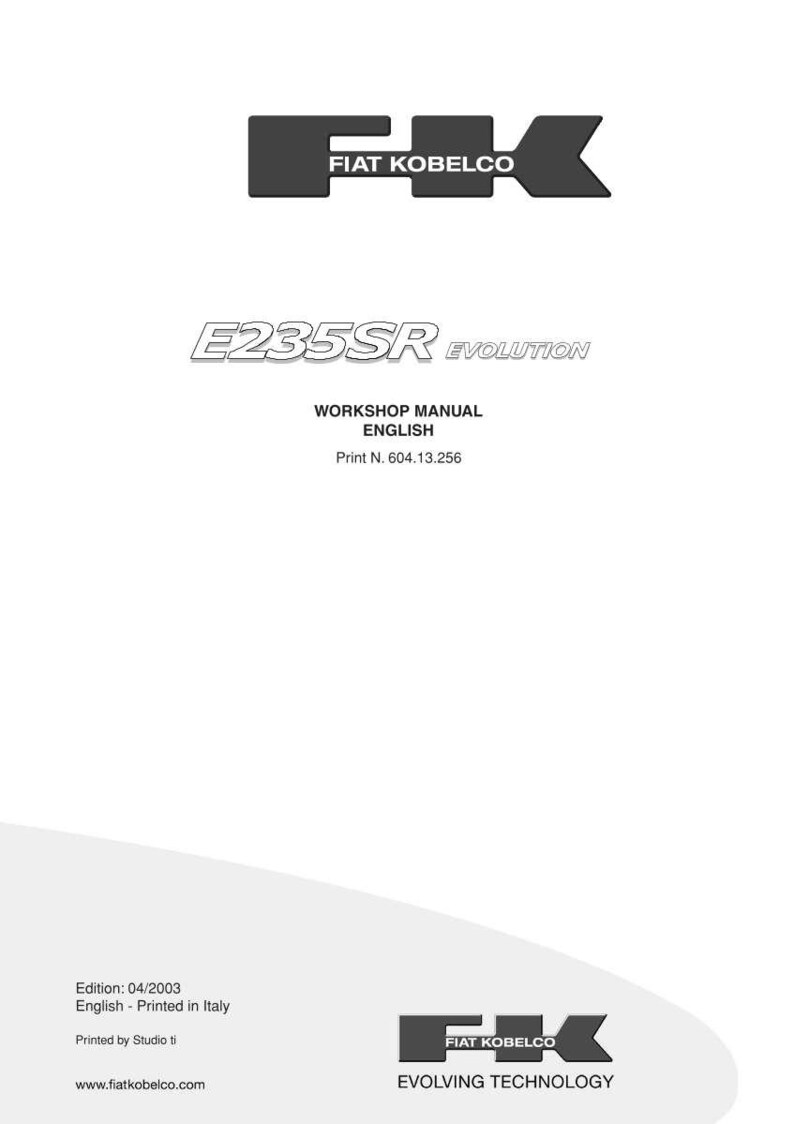 May include: A white workshop manual cover for the Fiat Kobelco E235SR Evolution excavator. The text reads Fiat Kobelco, E235SR Evolution, Workshop Manual, English, Print N. 604.13.256, Edition: 04/2003, English - Printed in Italy, and Evolving Technology.