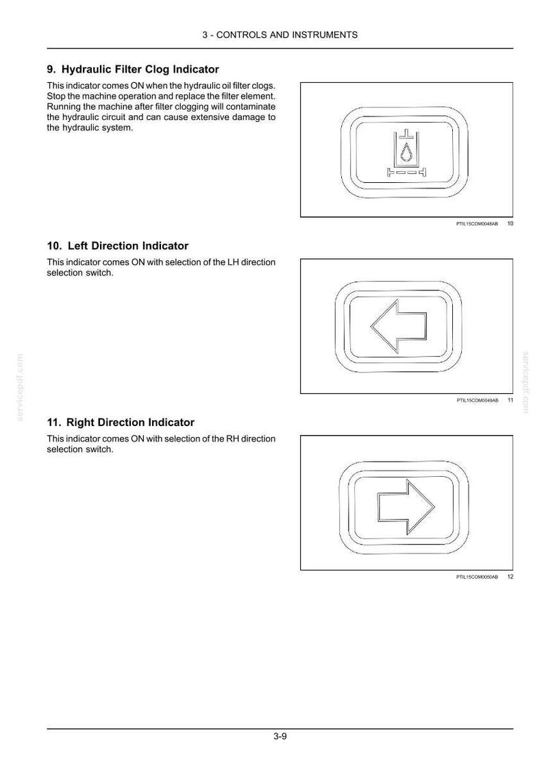 K&ouml;nnte beinhalten: Diagramm von Bedienelementen und Instrumenten, einschlie&szlig;lich einer Anzeige f&uuml;r verstopften Hydraulikfilter, einer Linksabbiegeanzeige (Pfeil nach links) und einer Rechtsabbiegeanzeige (Pfeil nach rechts).