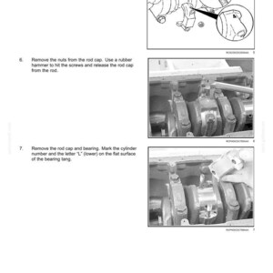 May include: A technical manual page titled POWER PRODUCTION - ENGINE, featuring black and white diagrams and photographs illustrating the removal of connecting rods and rod caps, with numbered instructions 5, 6, and 7 and reference codes.