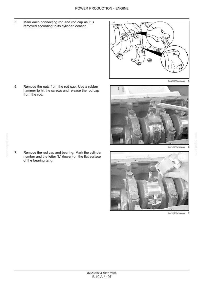May include: A technical manual page titled POWER PRODUCTION - ENGINE, featuring black and white diagrams and photographs illustrating the removal of connecting rods and rod caps, with numbered instructions 5, 6, and 7 and reference codes.