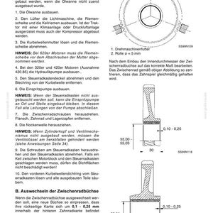 May include: A technical document page titled 9. STEUERMECHANISMUS featuring German text instructions for engine maintenance, accompanied by three black and white line drawings showing mechanical components, gear diagrams, and specific metric measurements.