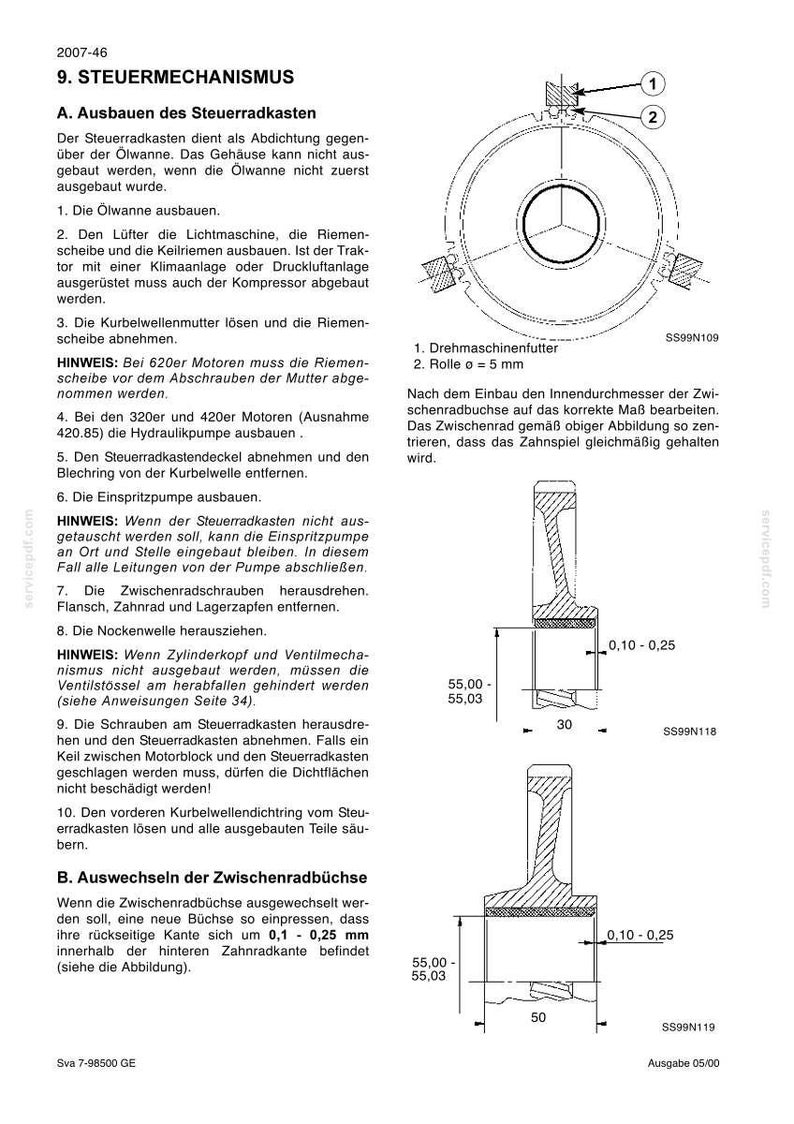 May include: A technical document page titled 9. STEUERMECHANISMUS featuring German text instructions for engine maintenance, accompanied by three black and white line drawings showing mechanical components, gear diagrams, and specific metric measurements.