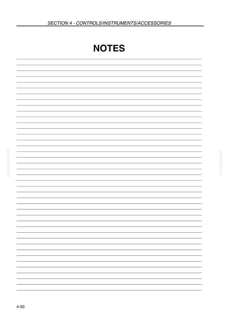 May include: A white page with horizontal lines for writing notes. The text "SECTION 4 - CONTROLS/INSTRUMENTS/ACCESSORIES" is at the top, and "NOTES" is centered. The page number "4-50" is at the bottom.