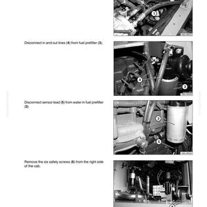 May include: Black and white technical manual page with engine component diagrams. Instructions include disconnecting cables, lines, and removing screws. The page features detailed close-up photos of engine parts.