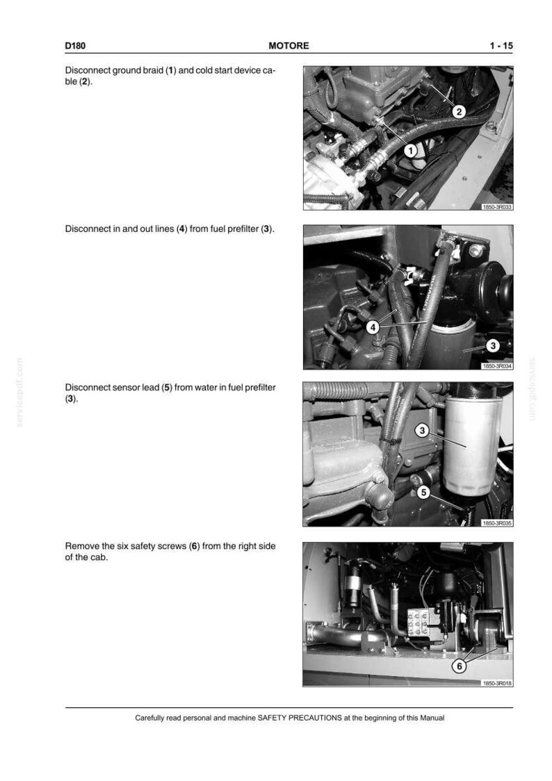 May include: Black and white technical manual page with engine component diagrams. Instructions include disconnecting cables, lines, and removing screws. The page features detailed close-up photos of engine parts.