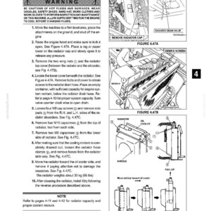 May include: A technical maintenance manual page titled B. Removal and Installation of Radiator, featuring a warning section, numbered instructions, and three diagrams labeled Figure 4.47A, 4.47B, and 4.47C showing radiator components and removal steps.
