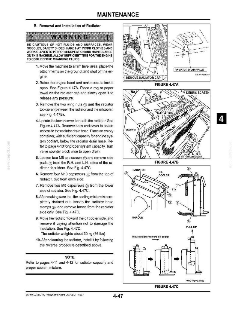 May include: A technical maintenance manual page titled B. Removal and Installation of Radiator, featuring a warning section, numbered instructions, and three diagrams labeled Figure 4.47A, 4.47B, and 4.47C showing radiator components and removal steps.