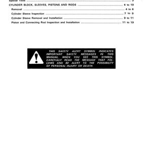 May include: A page from a manual with the title "TABLE OF CONTENTS". The text includes sections on special tools, cylinder block, sleeves, pistons, and rods. A safety alert symbol is also present, with a warning about personal injury or death.