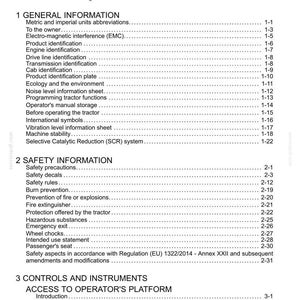 May include: A black and white document page titled Contents, listing sections for General Information, Safety Information, and Controls and Instruments for a tractor operator's manual, including page numbers for each specific topic.