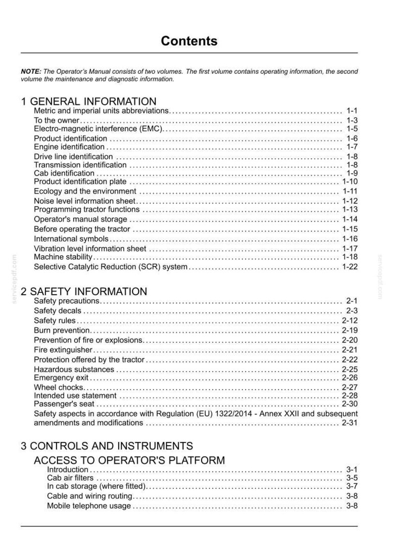 May include: A black and white document page titled Contents, listing sections for General Information, Safety Information, and Controls and Instruments for a tractor operator's manual, including page numbers for each specific topic.