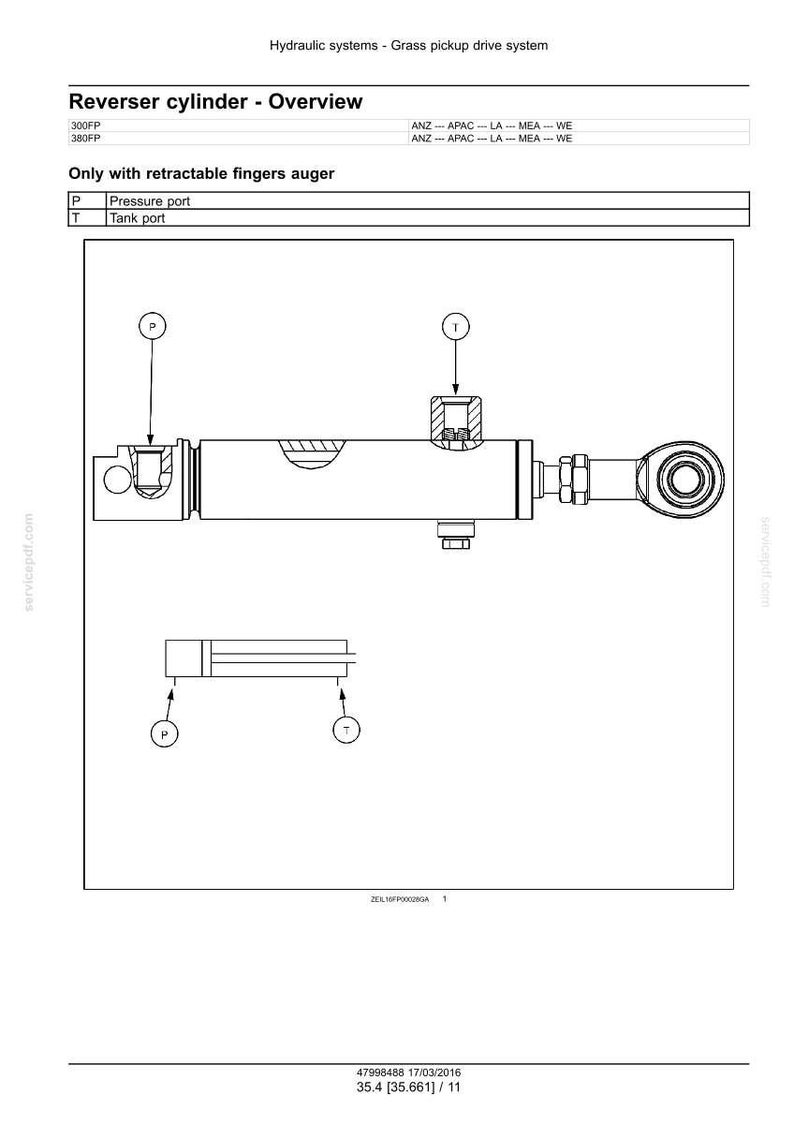 May include: Technical diagram of a reverser cylinder, labeled "Overview." The diagram includes a cylinder with labeled ports and a smaller diagram below. Text includes "Pressure port" and "Tank port."
