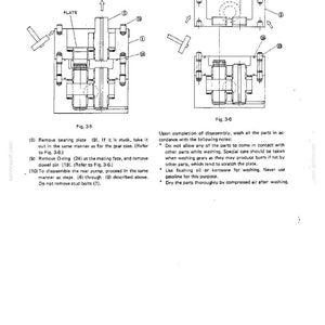 Op de afbeelding: Een pagina uit een technisch handboek met twee zwart-wit lijntekeningen, gelabeld Fig. 3-5 en Fig. 3-6, die mechanische assemblageonderdelen tonen met genummerde onderdelen, bewegingspijlen en instructies voor demontage.