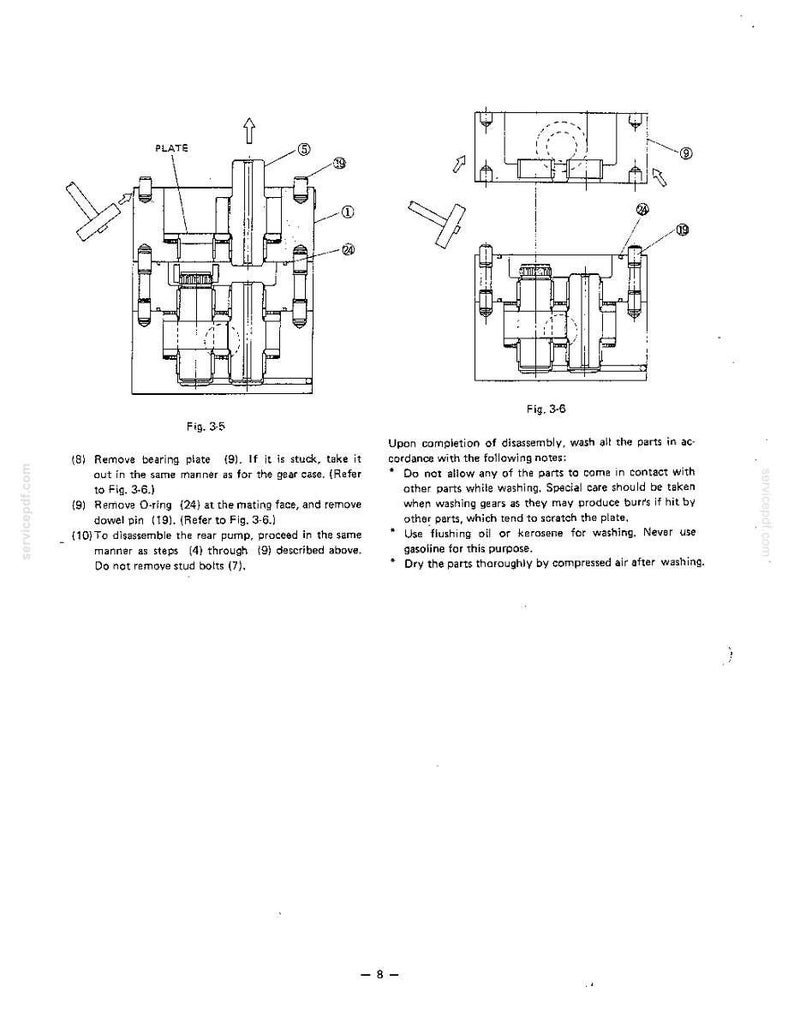 Op de afbeelding: Een pagina uit een technisch handboek met twee zwart-wit lijntekeningen, gelabeld Fig. 3-5 en Fig. 3-6, die mechanische assemblageonderdelen tonen met genummerde onderdelen, bewegingspijlen en instructies voor demontage.