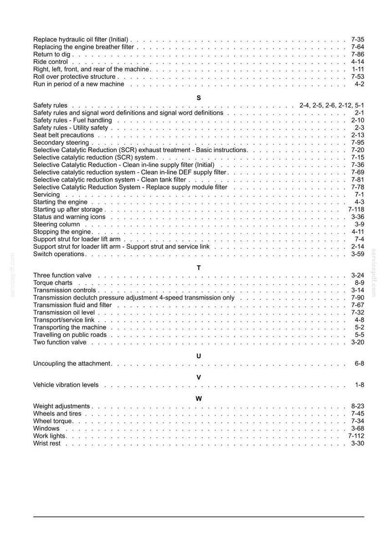 Puede incluir: Una p&aacute;gina de manual con un &iacute;ndice. El texto negro enumera t&eacute;rminos mec&aacute;nicos y n&uacute;meros de p&aacute;gina. El dise&ntilde;o es estructurado, con fondo blanco y fuente clara.