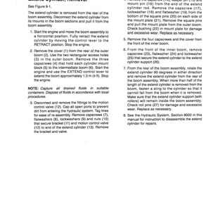 Pode incluir: Uma p&aacute;gina de um manual intitulada "EXTEND CYLINDER" com instru&ccedil;&otilde;es de remo&ccedil;&atilde;o. O texto inclui etapas numeradas, diagramas e notas de seguran&ccedil;a. O documento &eacute; impresso em preto e branco.
