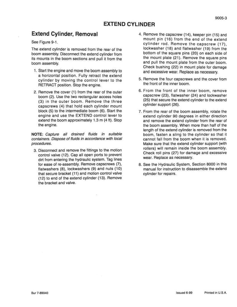 Pode incluir: Uma p&aacute;gina de um manual intitulada "EXTEND CYLINDER" com instru&ccedil;&otilde;es de remo&ccedil;&atilde;o. O texto inclui etapas numeradas, diagramas e notas de seguran&ccedil;a. O documento &eacute; impresso em preto e branco.