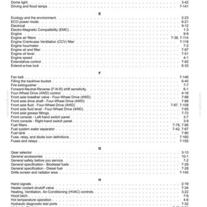 May include: A detailed table of contents from a manual, listing various automotive components and systems. The text includes sections on engine, electrical, hydraulics, and other mechanical parts. The page numbers are listed on the right.