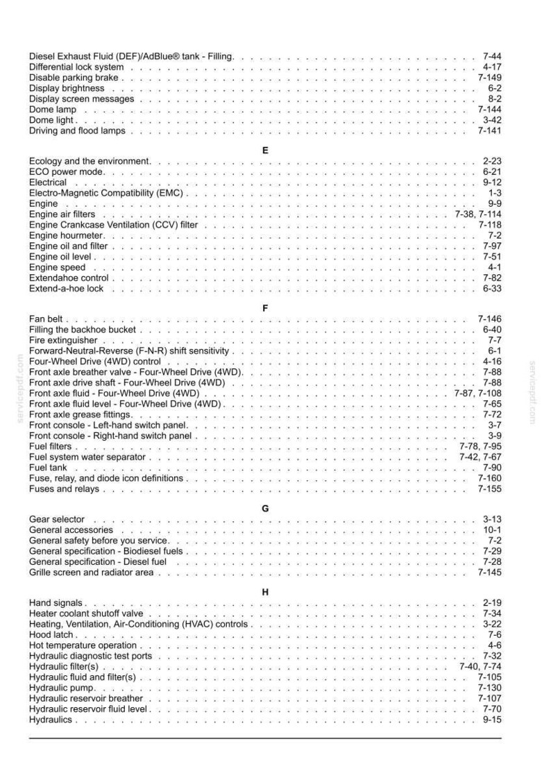 May include: A detailed table of contents from a manual, listing various automotive components and systems. The text includes sections on engine, electrical, hydraulics, and other mechanical parts. The page numbers are listed on the right.