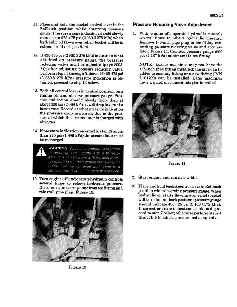 Puede incluir: P&aacute;gina de un manual t&eacute;cnico con instrucciones para ajustar una v&aacute;lvula reductora de presi&oacute;n. La p&aacute;gina incluye diagramas, advertencias y procedimientos paso a paso para el mantenimiento de la maquinaria. El texto est&aacute; en negro sobre fondo blanco.
