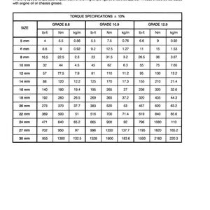 May include: A technical chart titled "STANDARD TORQUE DATA FOR NUTS AND BOLTS" with torque specifications in lb-ft, Nm, and kg/m for various bolt sizes, including 5 mm to 30 mm, and grades 8.8, 10.9, and 12.9.