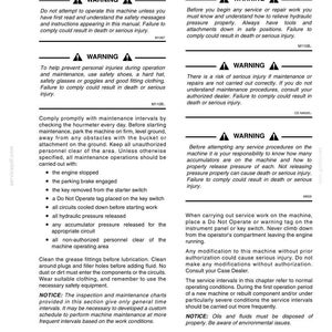 May include: A page from a manual with safety warnings and instructions. The text includes warnings about operating machinery, maintenance, and potential hazards. The page is divided into sections with bold headings and bulleted lists.