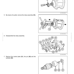 May include: Diagram of a hydraulic travel system with numbered components. Includes illustrations of removing a seal ring, rotary assembly, and control plate. Technical drawing with labels and part numbers.