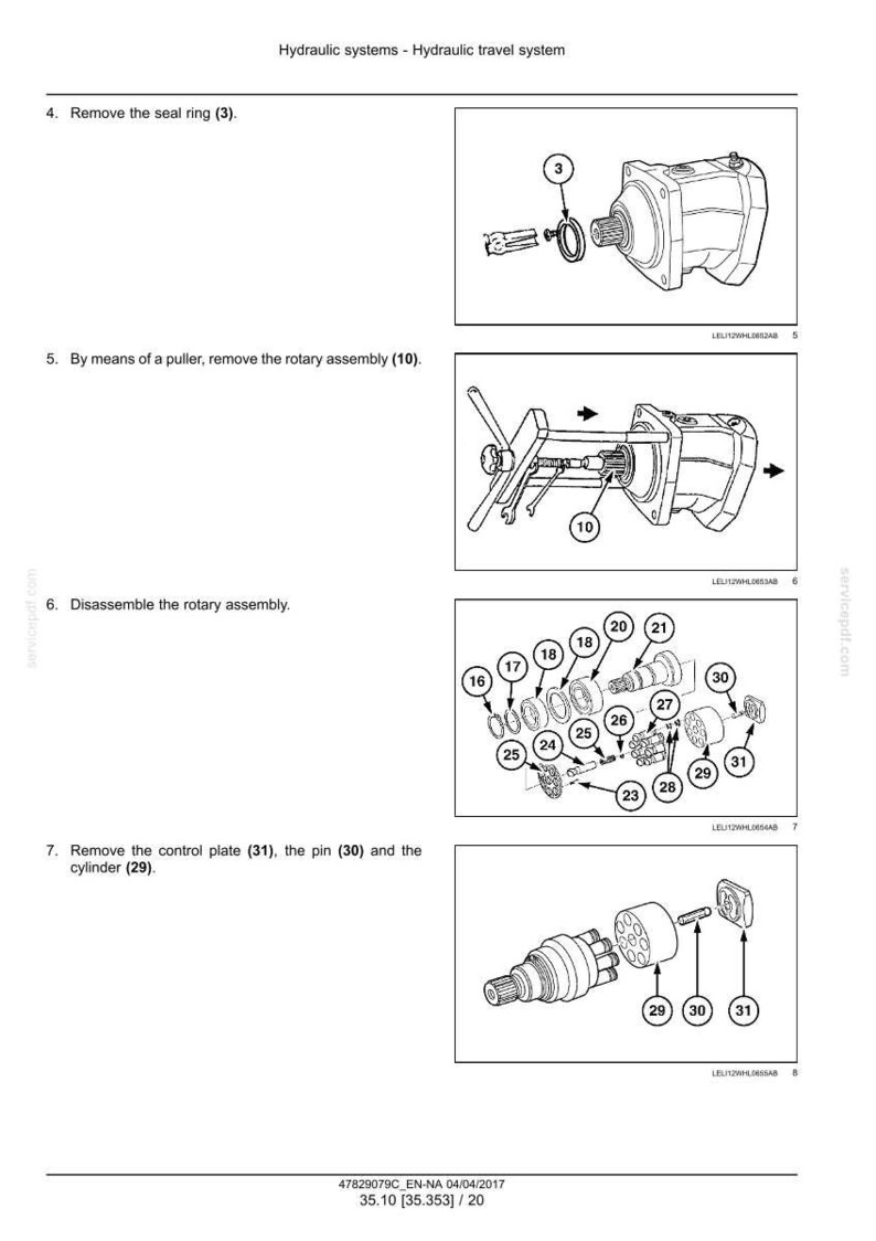 May include: Diagram of a hydraulic travel system with numbered components. Includes illustrations of removing a seal ring, rotary assembly, and control plate. Technical drawing with labels and part numbers.