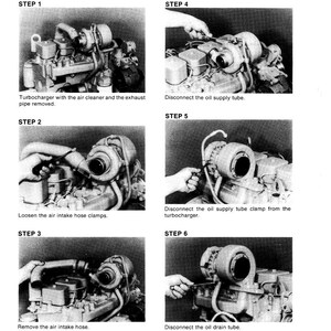 May include: A black and white diagram illustrating the steps for servicing a turbocharger. The steps include removing the air cleaner, disconnecting tubes and clamps, and removing the air intake hose. Text in the image provides instructions.