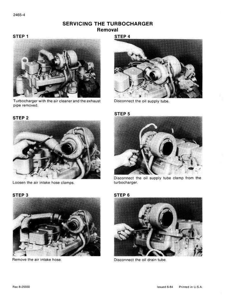 May include: A black and white diagram illustrating the steps for servicing a turbocharger. The steps include removing the air cleaner, disconnecting tubes and clamps, and removing the air intake hose. Text in the image provides instructions.