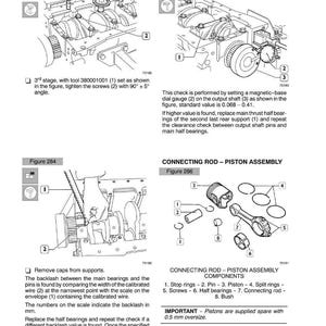 May include: Diagram of an engine overhaul procedure, including figures 283, 284, 285, and 286. The diagrams show steps for checking output shaft shoulder clearance and connecting rod-piston assembly components. Text includes instructions and measurements.