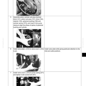 May include: A technical manual page titled 33. UPPER STRUCTURE containing four black and white instructional photographs. Each section details mechanical assembly steps for a pump casing, including installing a seal, piston cylinder, and valve plates.