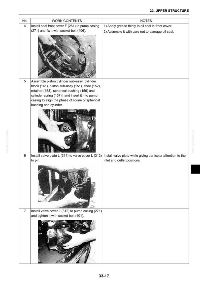 May include: A technical manual page titled 33. UPPER STRUCTURE containing four black and white instructional photographs. Each section details mechanical assembly steps for a pump casing, including installing a seal, piston cylinder, and valve plates.