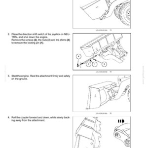 May include: Diagrams illustrating mechanical coupler operations. Includes steps for lowering the lift arm, removing screws and nuts, starting the engine, and rolling the coupler. Text includes numbered instructions and part labels.